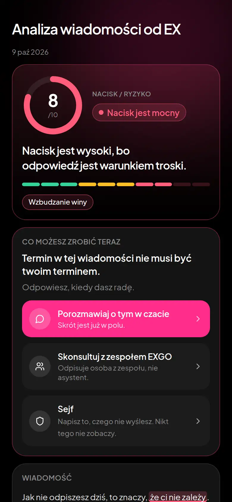 Ocena fragmentu wiadomości od ex w EXGO