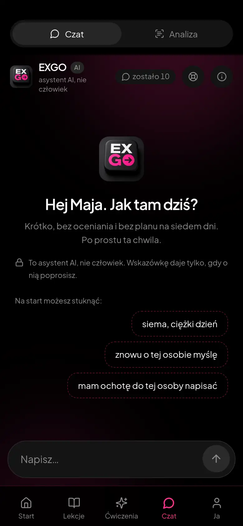 Czat z asystentem po rozstaniu w EXGO