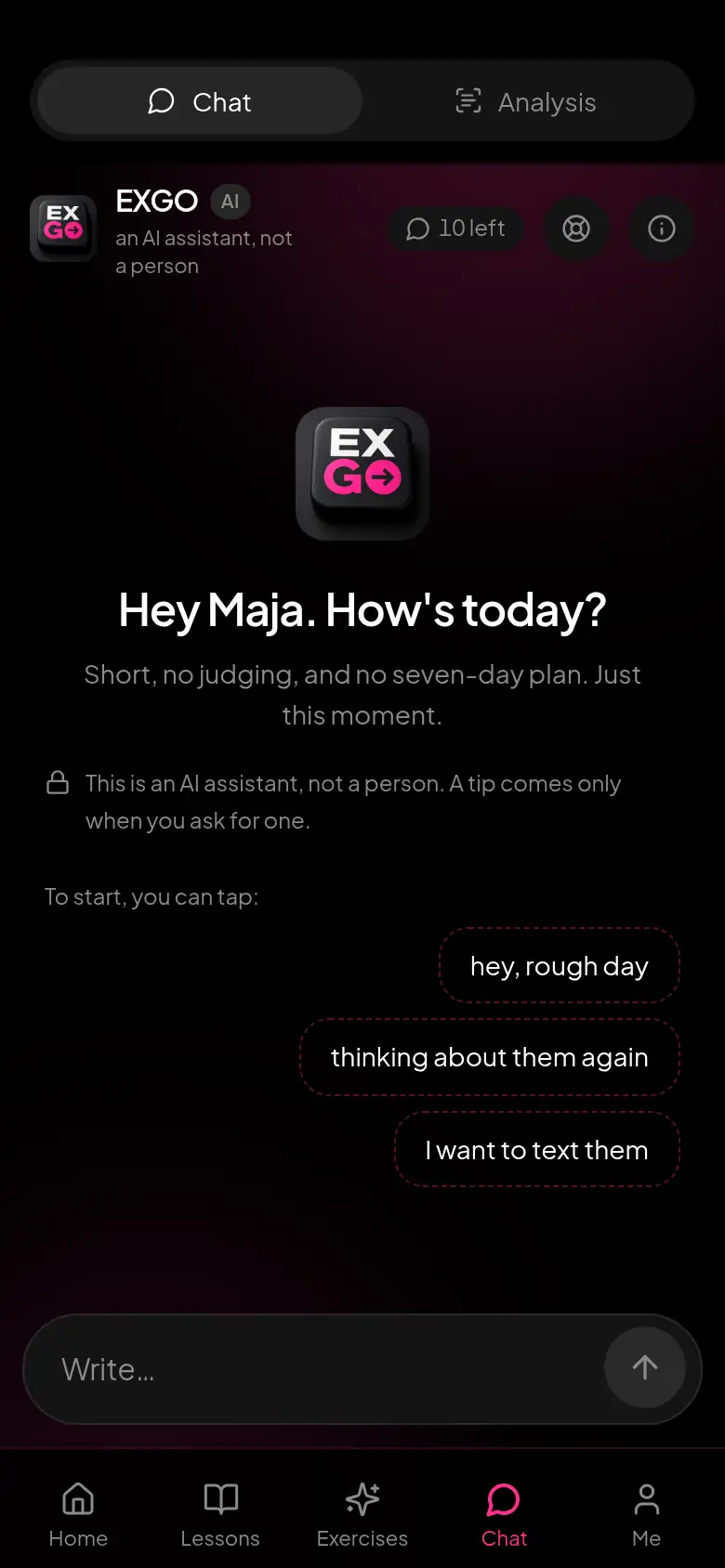 Chat with the breakup assistant in EXGO