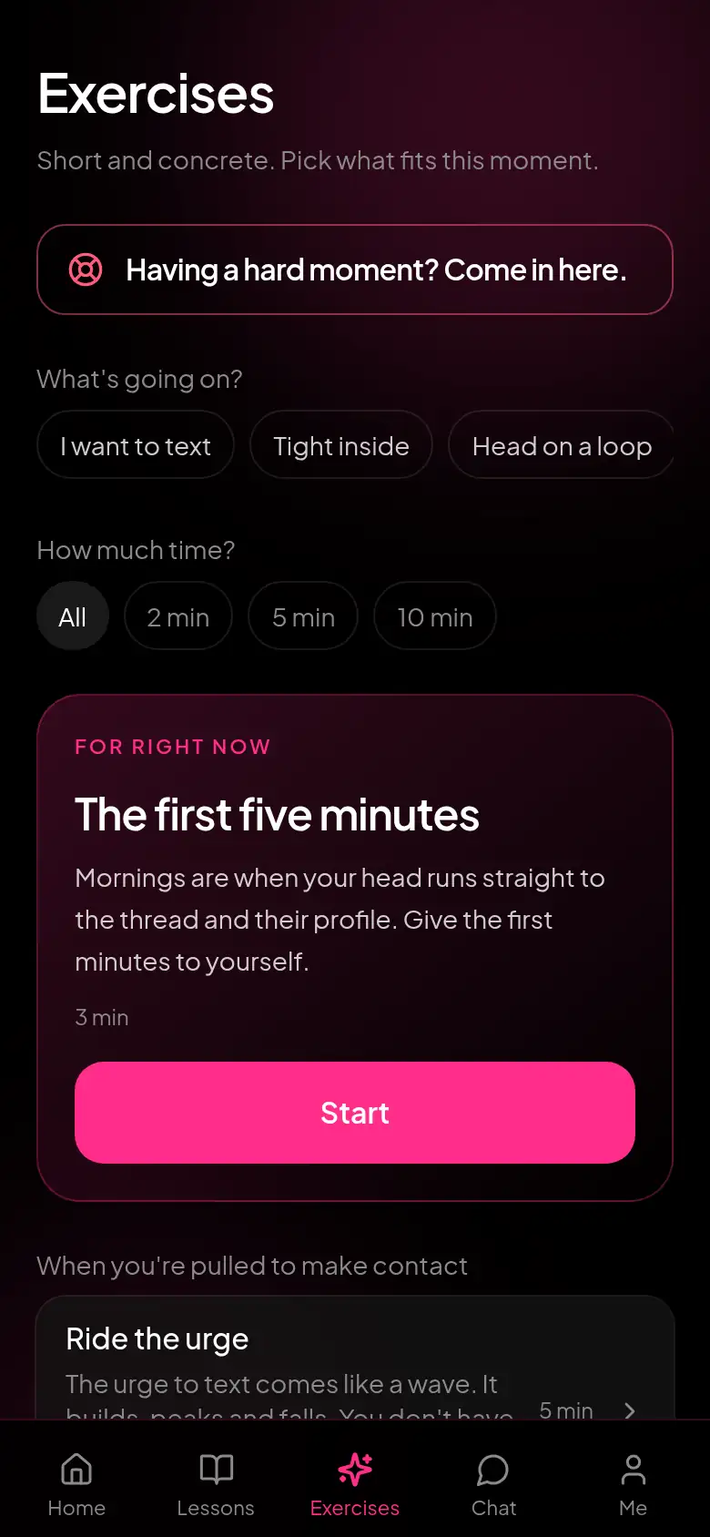 Exercises screen. A few minutes for a harder moment.