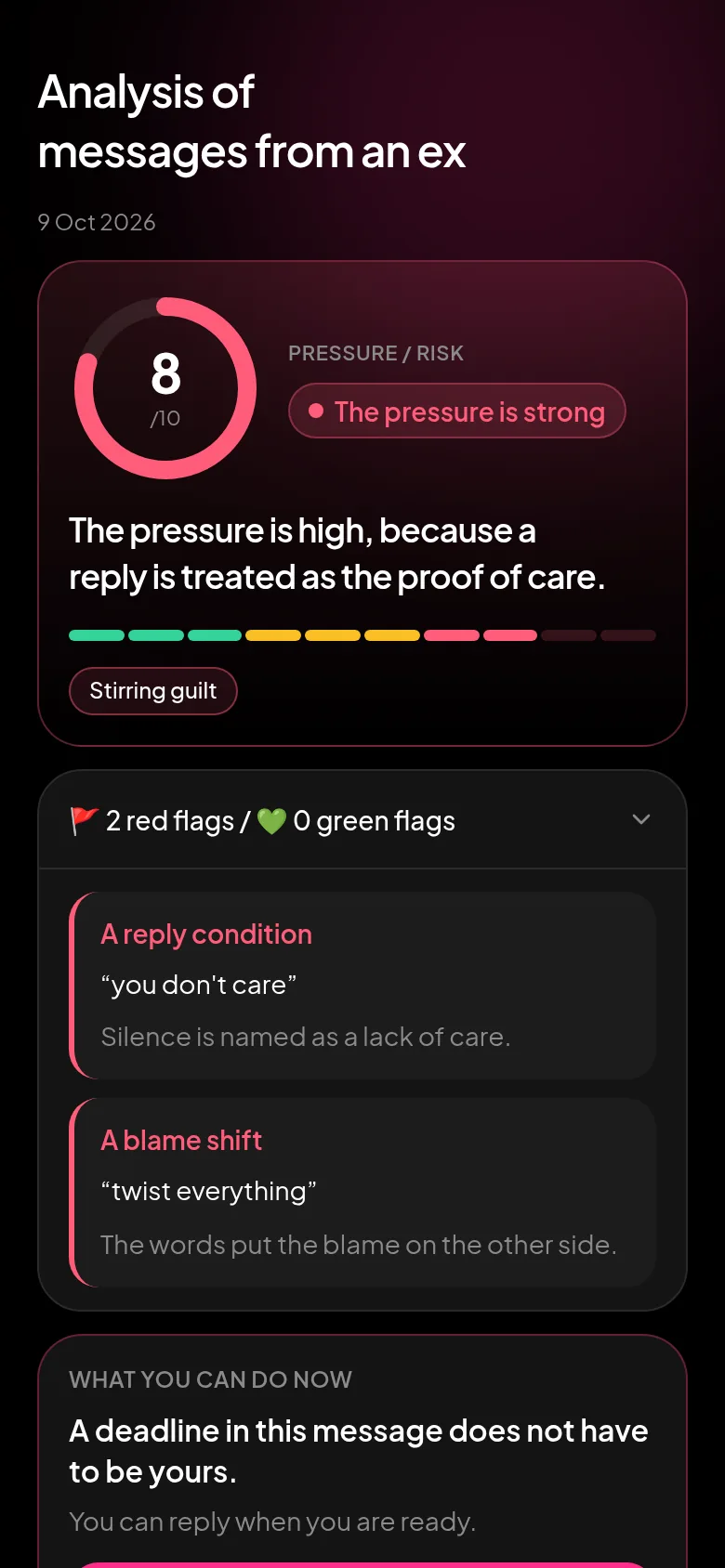 EXGO analysis of a message from an ex: pressure 8/10 and two red flags with quotes