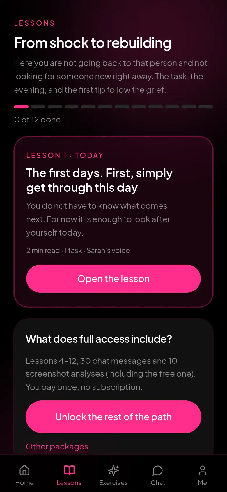 Lessons screen. The first days.