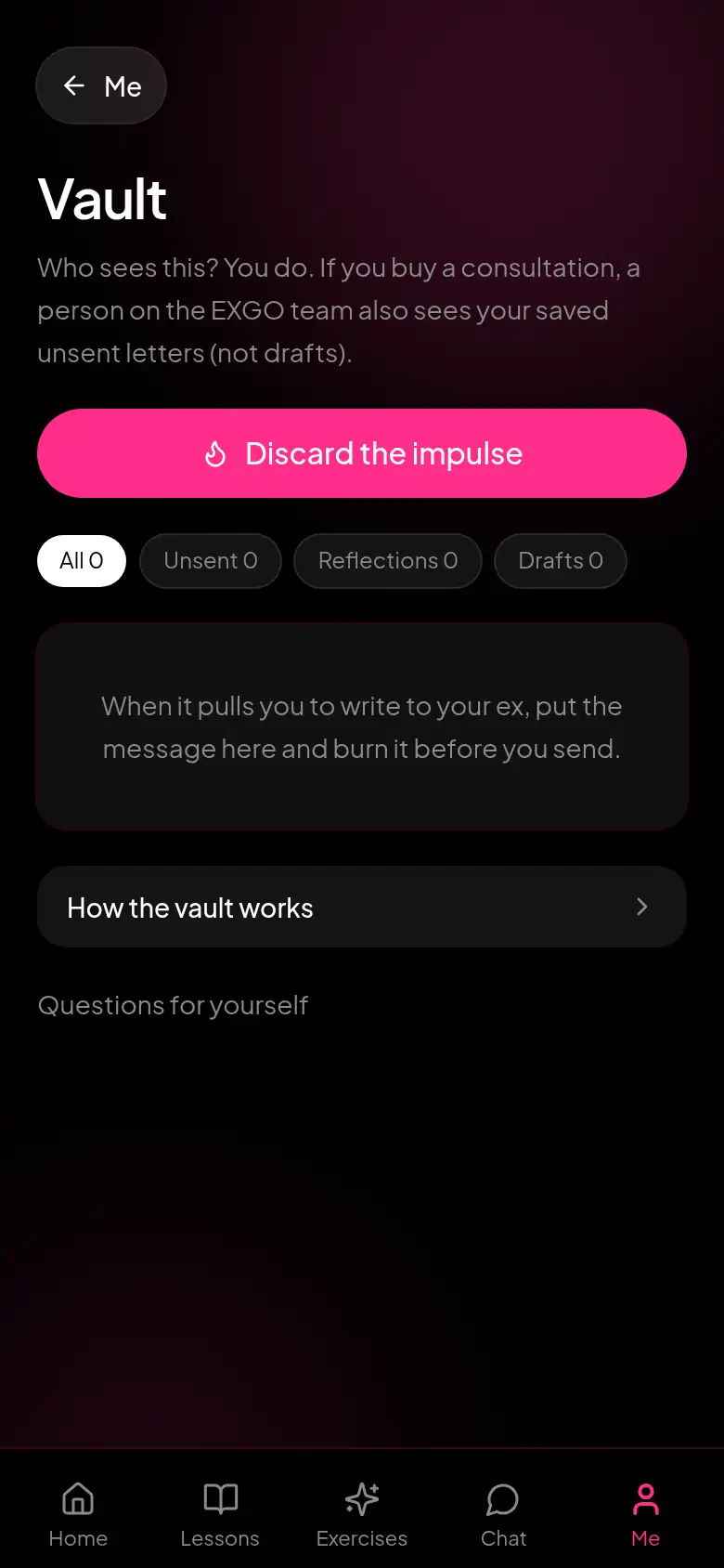 Vault screen. A place for messages you won't send.