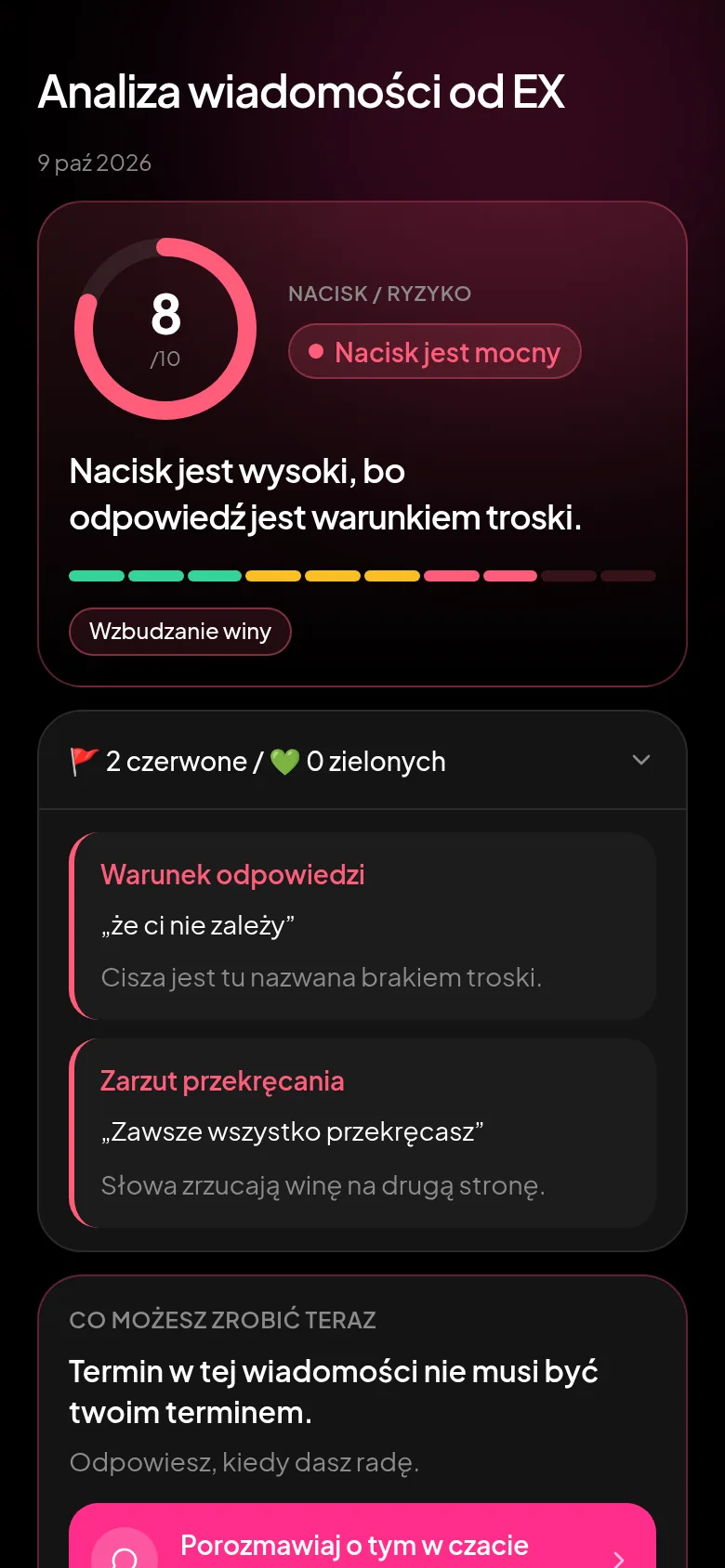 Wynik analizy wiadomości od ex w EXGO: nacisk 8/10 i dwie czerwone flagi z cytatami