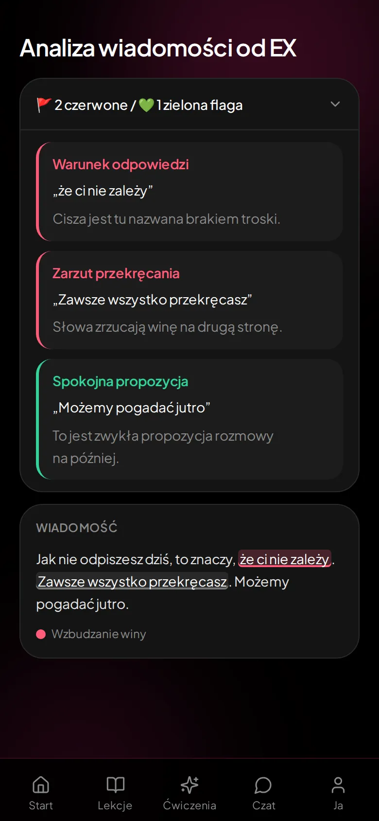 Analiza wiadomości od ex: czerwone i zielone flagi w EXGO